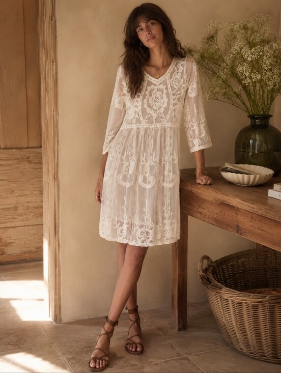 Dresses & Skirts - Boho Ivory Lace Embroidered Dress Sheer Romantic Cottagecore Small
